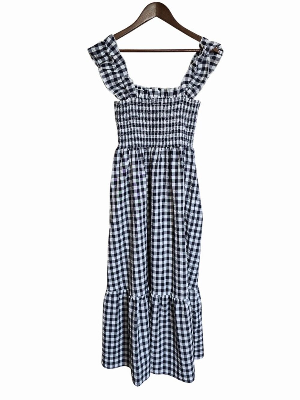 Medium Black White Gingham Smocked Maxi Dress Ruffle Straps Tiered Cottage Core - Picture 2 of 6